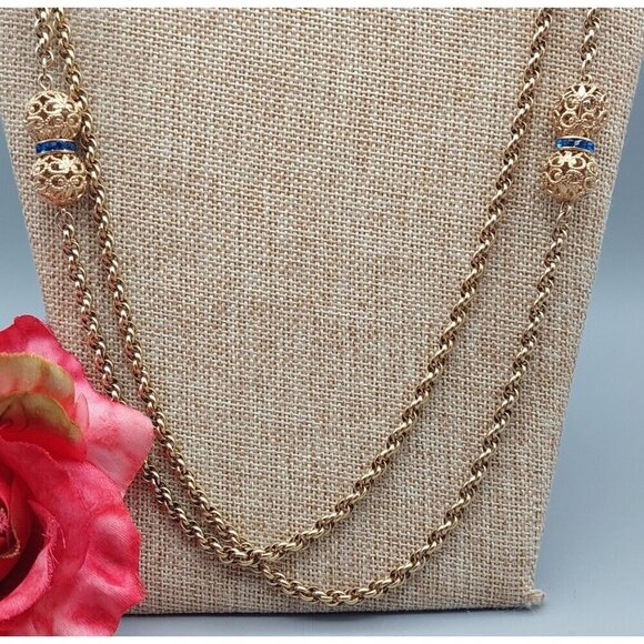Long Gold Tone Pull Over Thick Twisted Chain Necklace Filigree Ball Blue Crystal - Picture 1 of 10